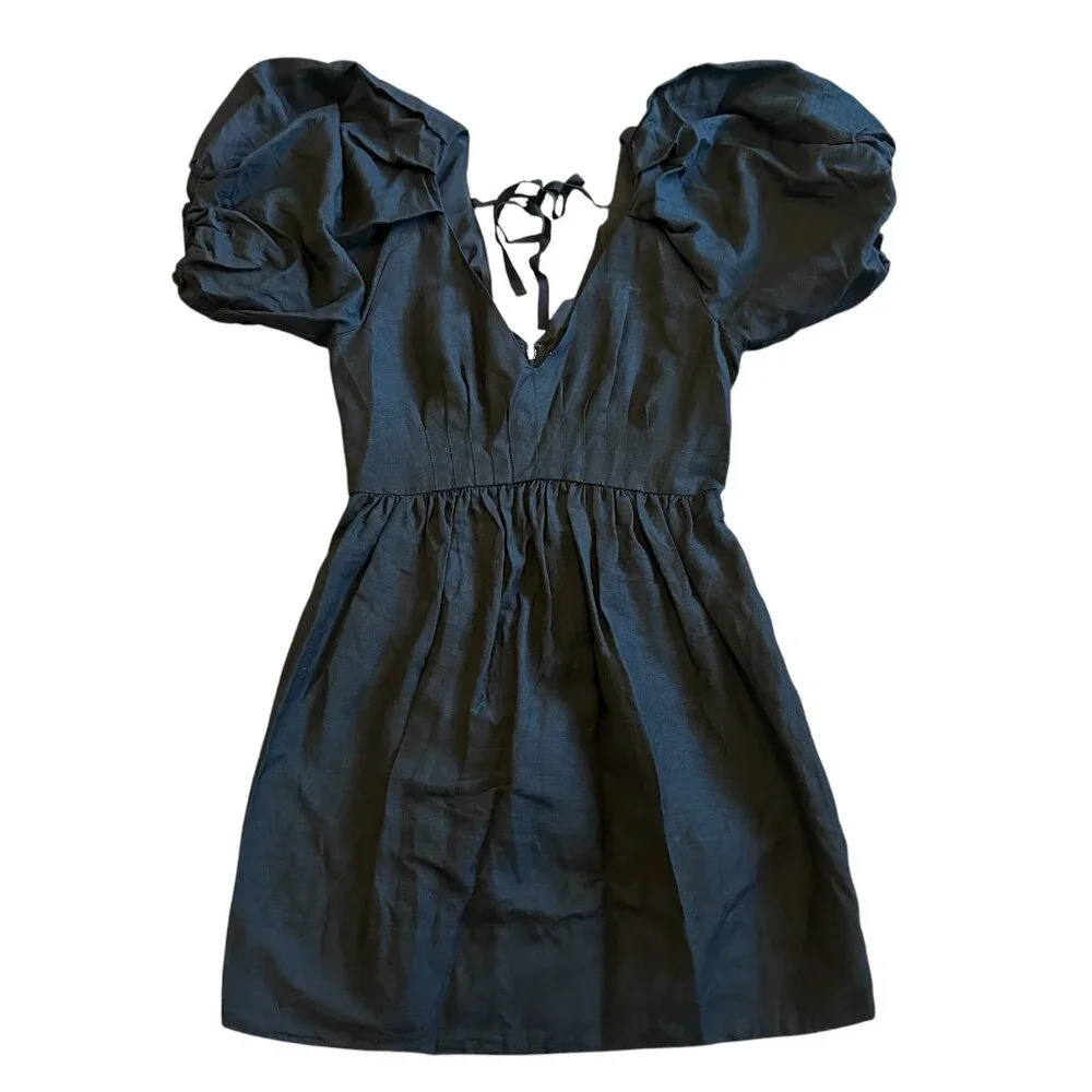 Hunter Bell Andie Linen Blend Dress Black Onyx Puff Sleeve Size 6 Women's